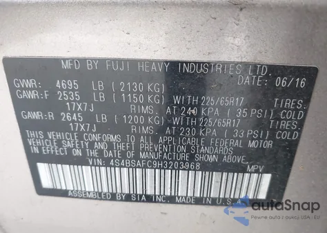 2017 Subaru Outback 2.5I Premium z USA, uszkodzony, nr VIN 4S4BSAFC9H3203968